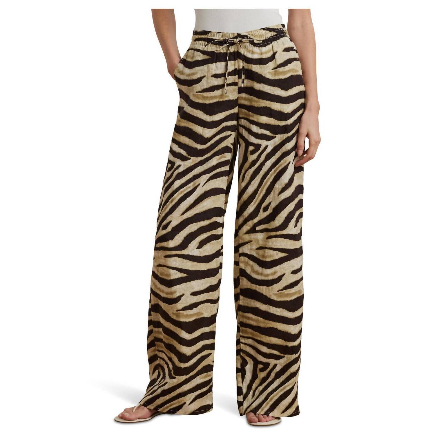 New Ralph Lauren Zebra-Print Linen Wide-Leg Pants In Cream/Brown